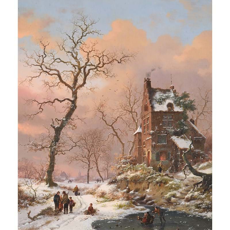 Frederik Marinus Kruseman (Dutch 1816-1882) ‘Villagers in a snowy landscape’ Oil on panel