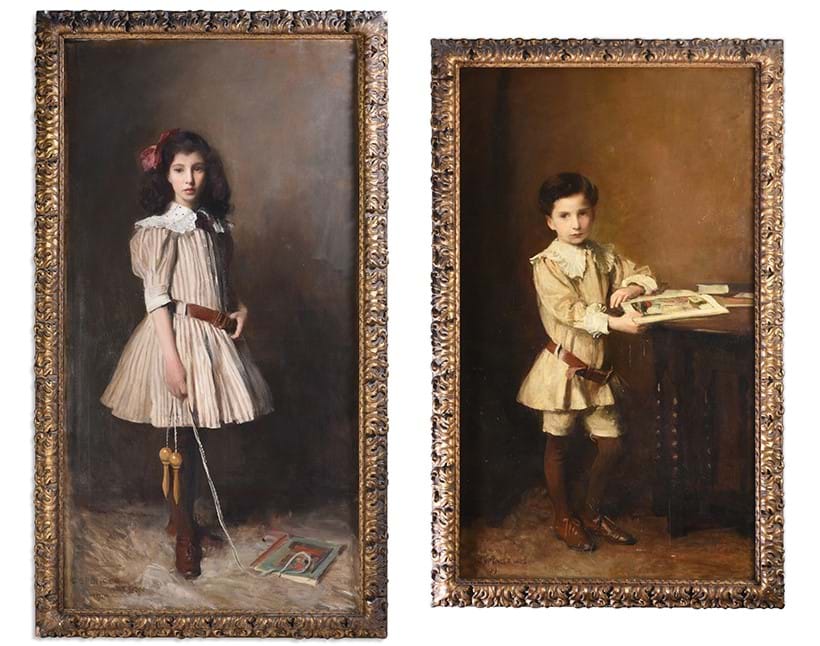 Inline Image - Lot 152: George Spencer Watson (British 1869-1934), Portraits of a boy and a girl, both standing, full-length, in an interior, oil on canvas, one signed and dated 1910 (lower left); the other signed and dated 09 (lower left) | Est. £8,000-12,000 (+ fees)